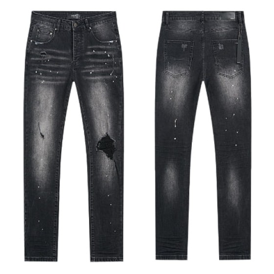 Black Washed Denim Jeans with Paint Splatter and Single Knee Rip